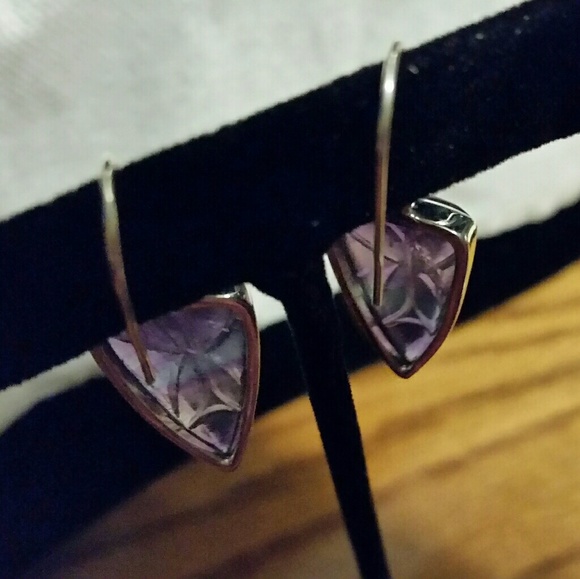 .925 Silver Hand Carved Rainbow Flourite Earrings - Picture 3 of 5